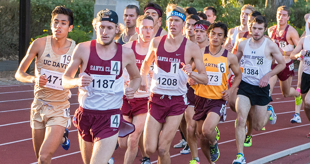 Aaron Brumbaugh (4), Will Burschinger (middle) and Evan Misuraca (1) compete at the 2017 San Francisco State Distance Carnival, where the Broncos will return during their 13-meet season in 2018.