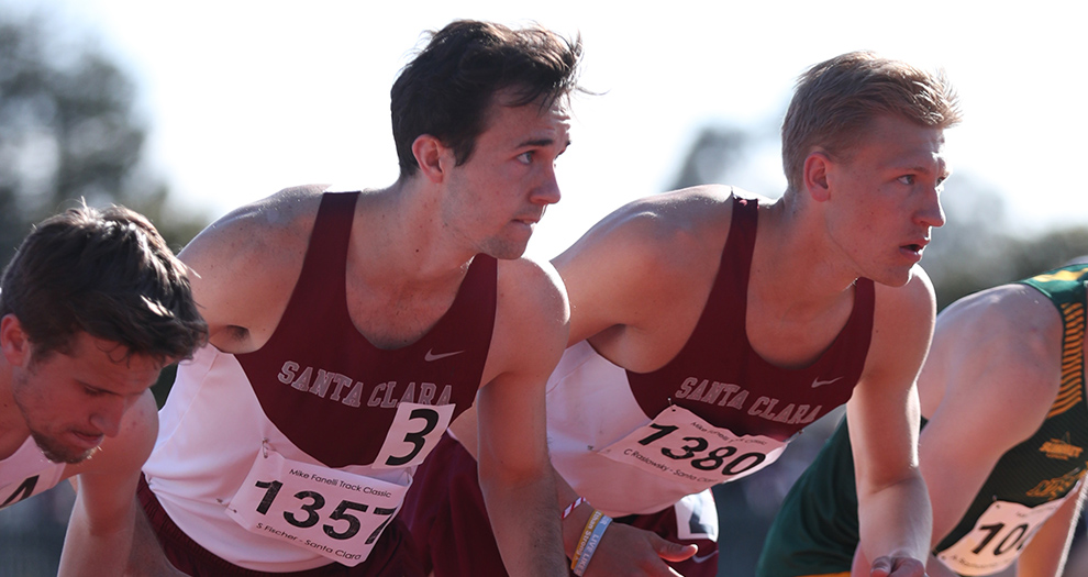 Spencer Fischer and Christian Raslowsky race in Santa Clara's first event of the meet, the 3,000-meter steelpechase, on Thursday.