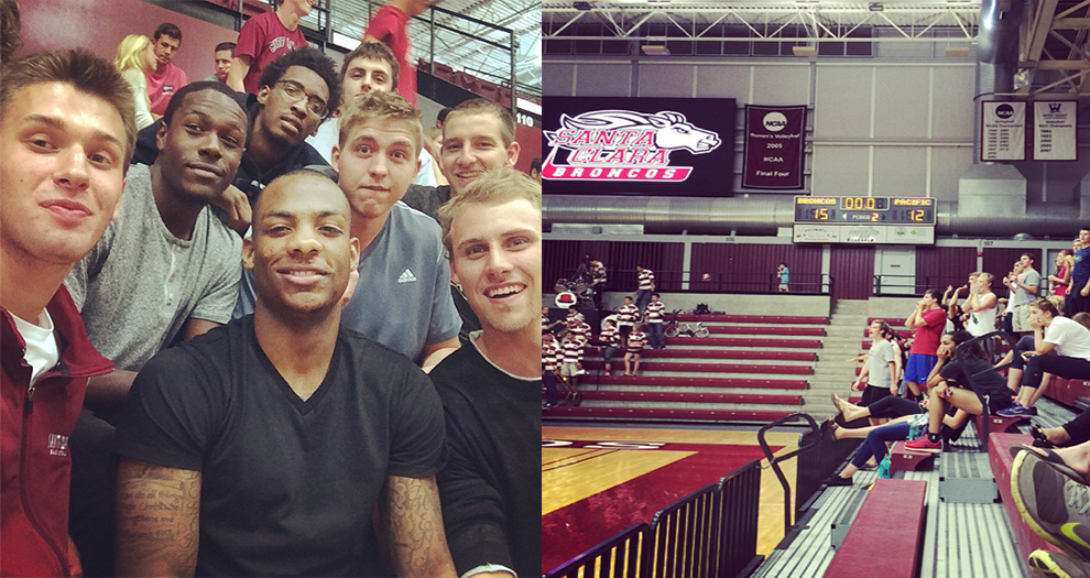 The early bird gets the worm!  Men's Basketball and Men's Rowing were there to cheer on the Bronco Volleyball team in their win over Pacific!