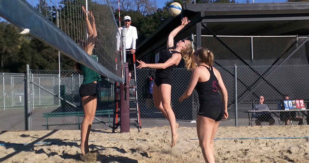 Michelle Gajdka (middle), pictured here playing in an exhibition dual, combined with Tatiana San Juan for their second sweep in three duals Wednesday afternoon.