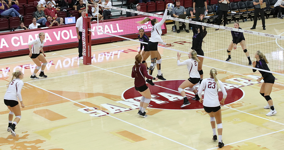 Taylor Odom goes up for an attack attempt against Portland on Saturday, Sept. 30. Santa Clara has played four of its last five matches in Leavey Center.