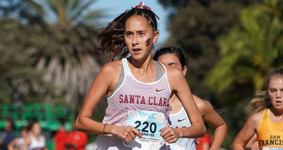 Noelani Obermeyer finished third among teammates to score for the Broncos in her final collegiate cross country race. (Photo: Kyle Terada/West Coast Conference)