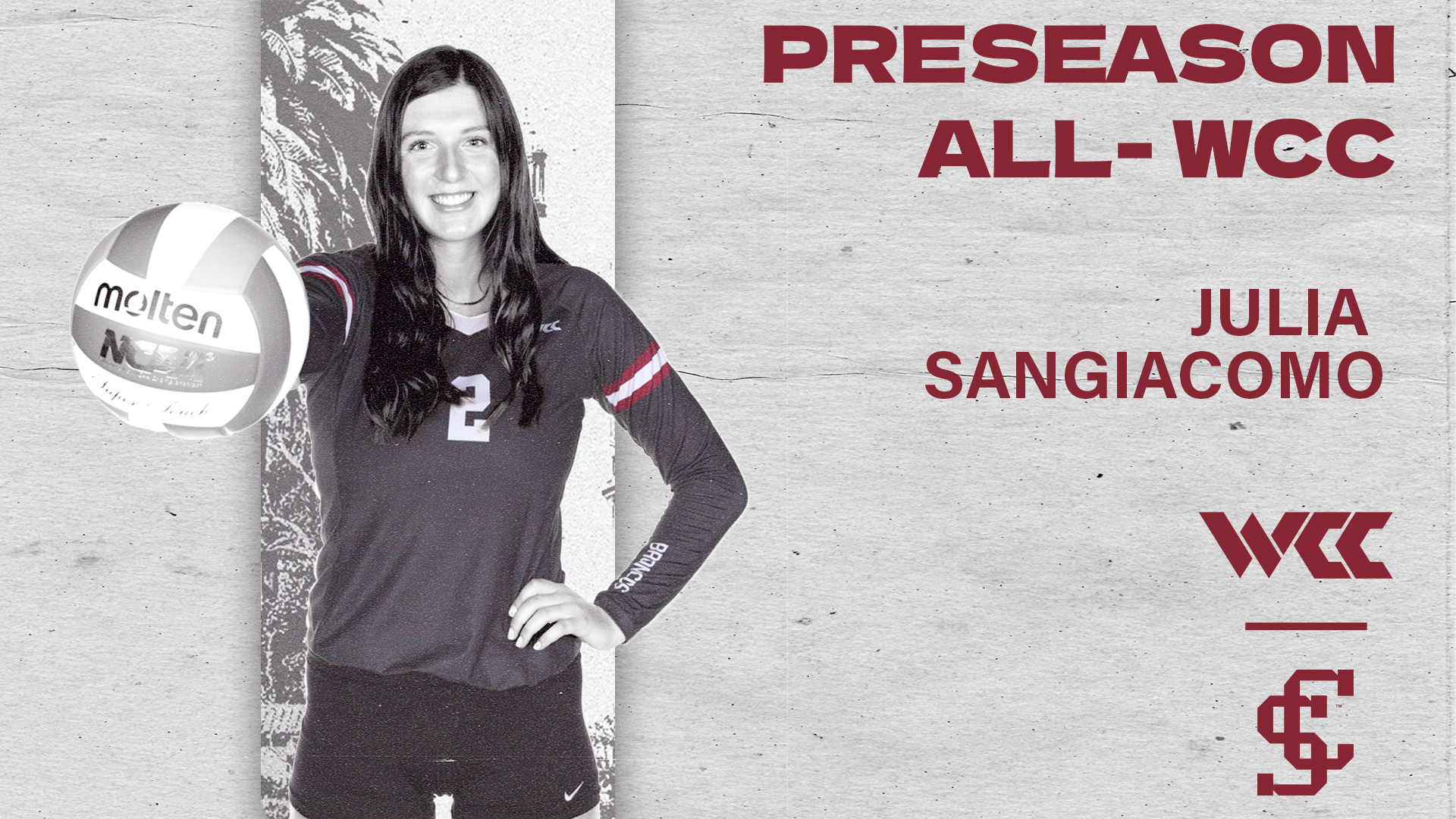 Graphic announcing Julia Sangiacomo's selection to the 2022 Preseason All-WCC Volleyball team.